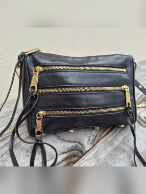 Rebecca Minkoff Black Leather Studded Crossbody Bag with Gold Zippers
